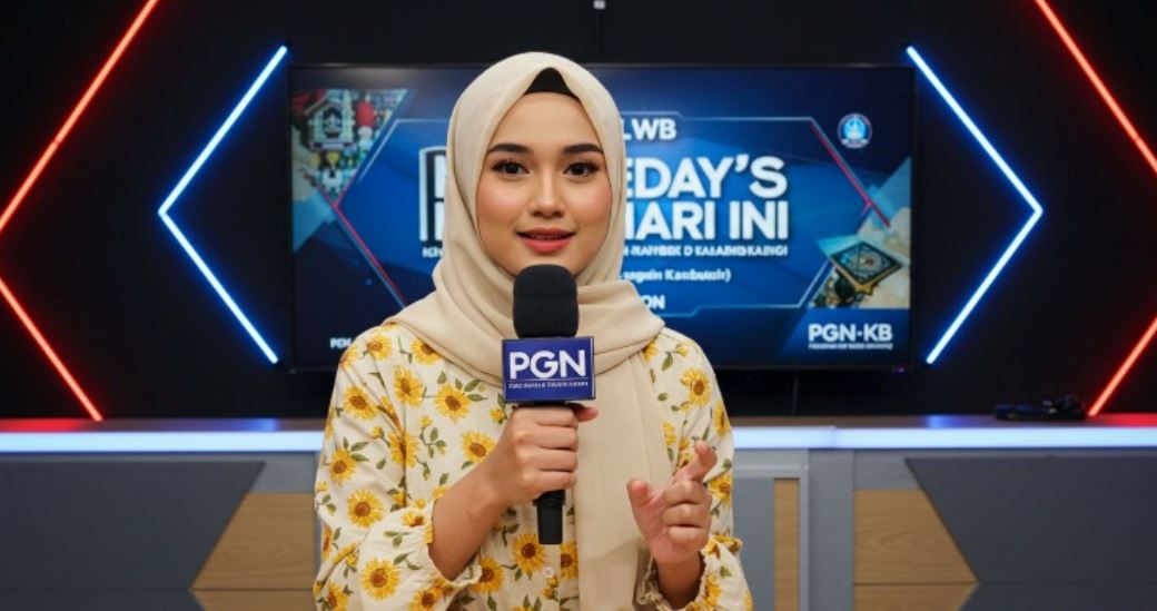 Lia sedang membacakan berita PGN-KB di studio PGN News